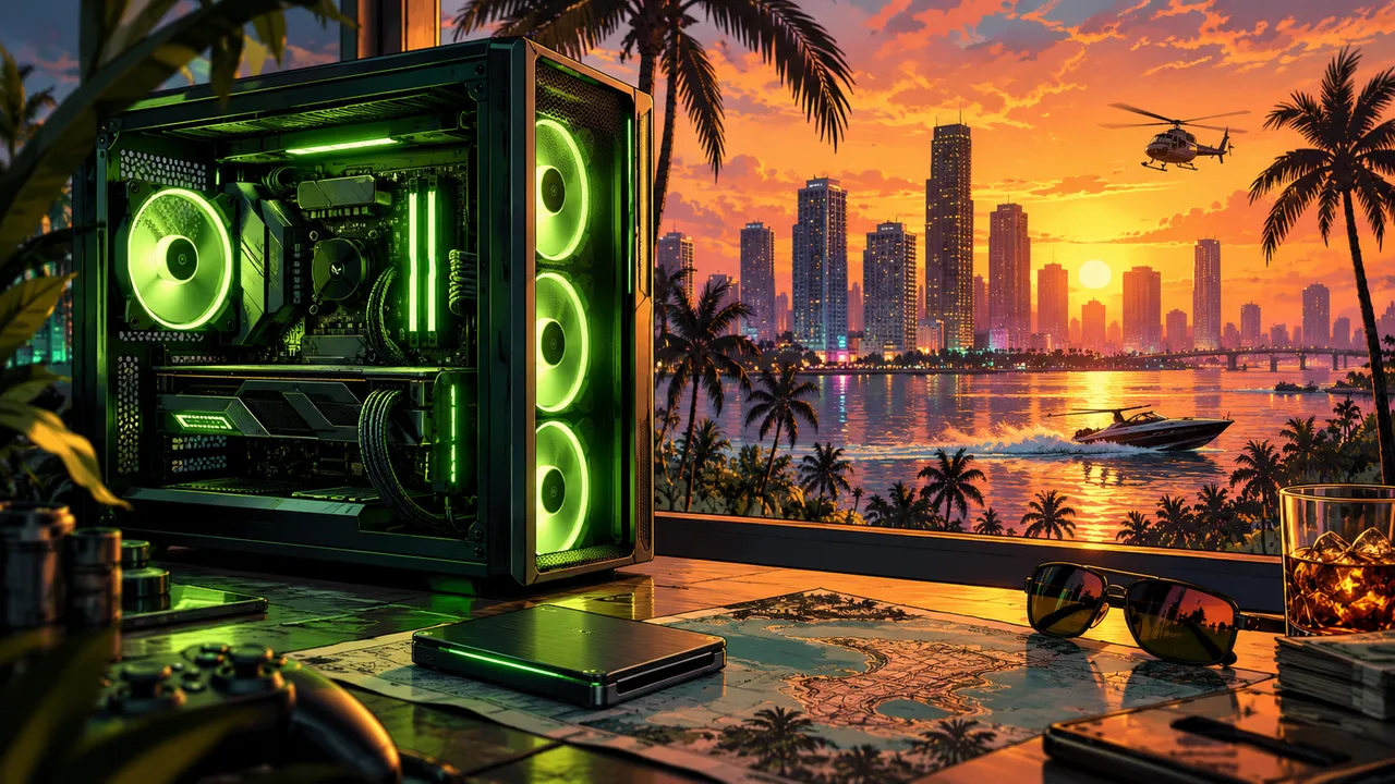 AI illustration: A gaming PC and compact drive on a desk facing a sunset tropical skyline.