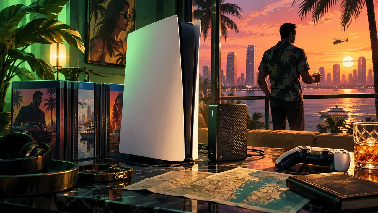AI illustration: A white game console, external drive and game cases in a sunset-lit room.