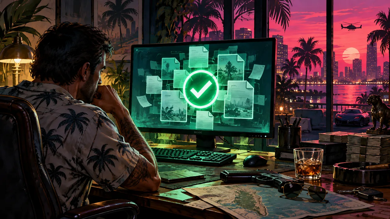 AI illustration: A monitor with abstract file tiles and a luminous green check mark.