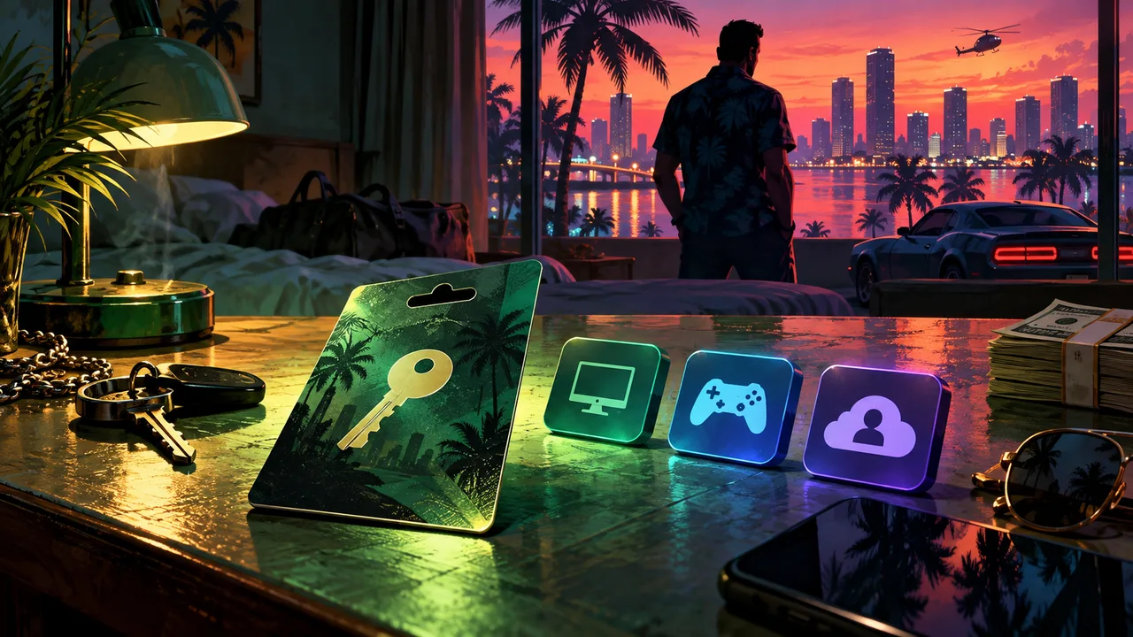 AI illustration: An unmarked key card beside abstract computer, controller and account symbols.